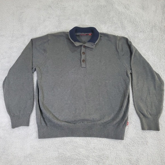 Izod Other - IZOD Mens XL Gray Quarter Button Mock Neck Sweater Navy Trim Preppy Grandpacore